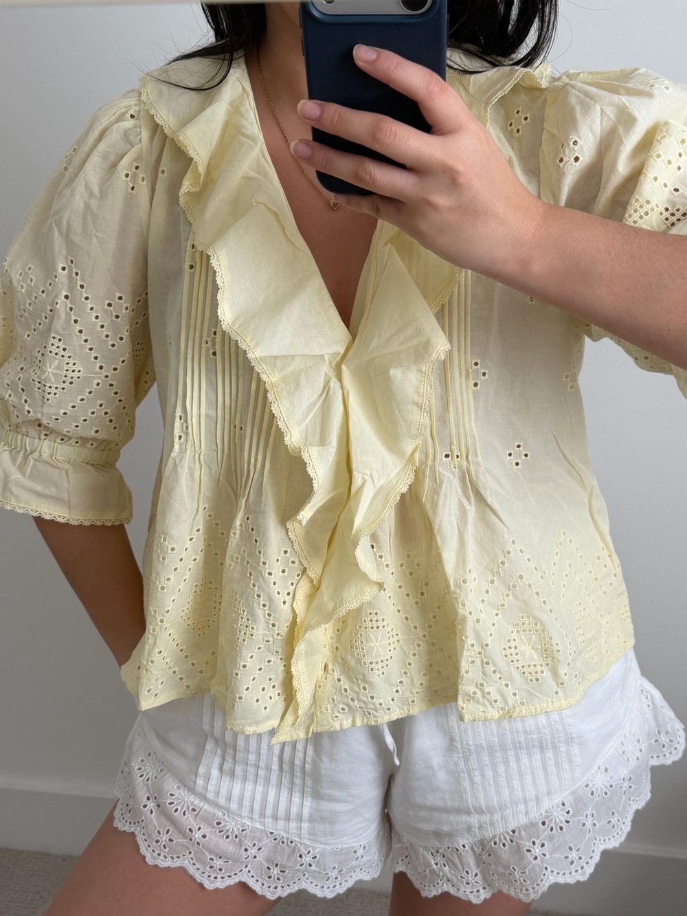INDUSTRY Butter yellow ruffle eyelet blouse